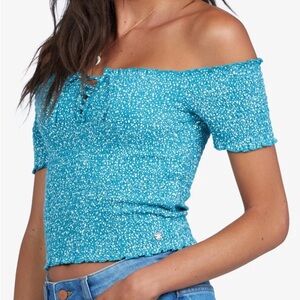 Roxy Us Together Off Shoulder Smocked Top Blue Size Small